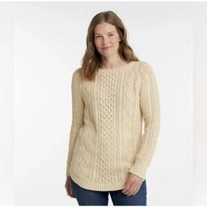 LL Bean Signature Chunky Cable Knit Cotton Sweater Fisherman Cream Women’s Small